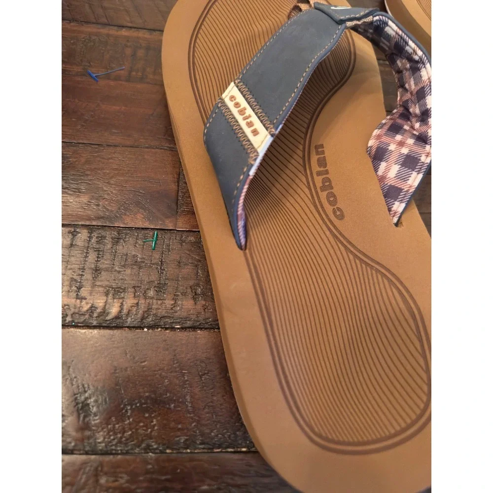 Cobian Mens Flip Flop Sandals Brown Blue Plaid Lining Size 12 Beach Casual